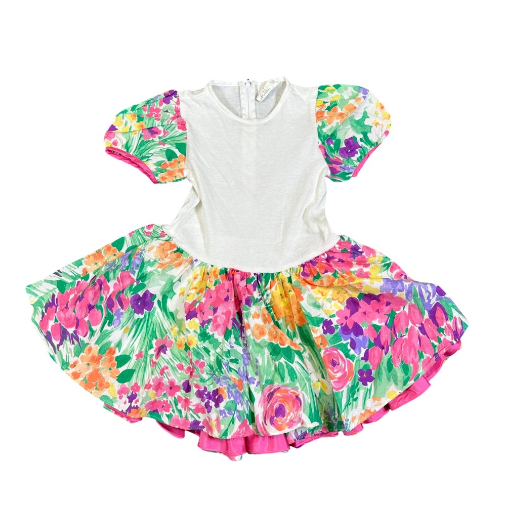 Vintage Isabella Girls Floral Puff Sleeve Dress White Pink Multi Size 5 USA
